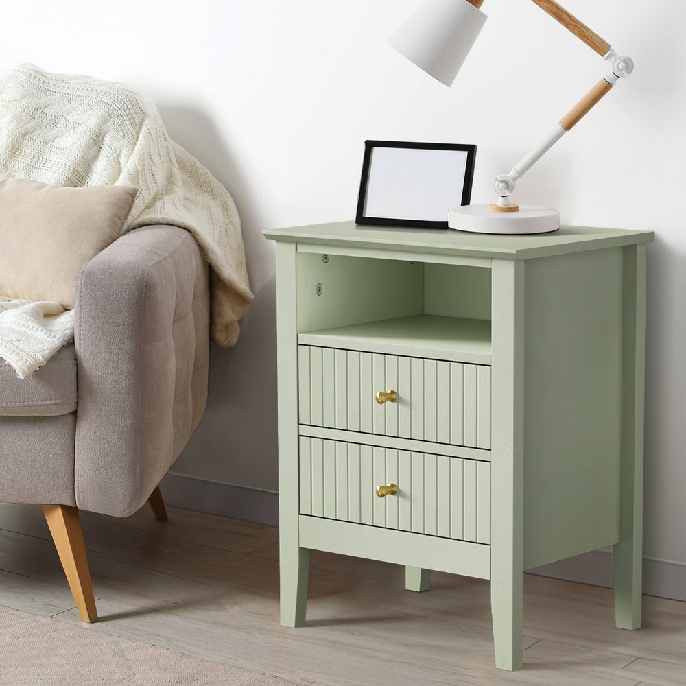 Green Bedside Table Nightstand with 2 Drawers and Storage Cabinet