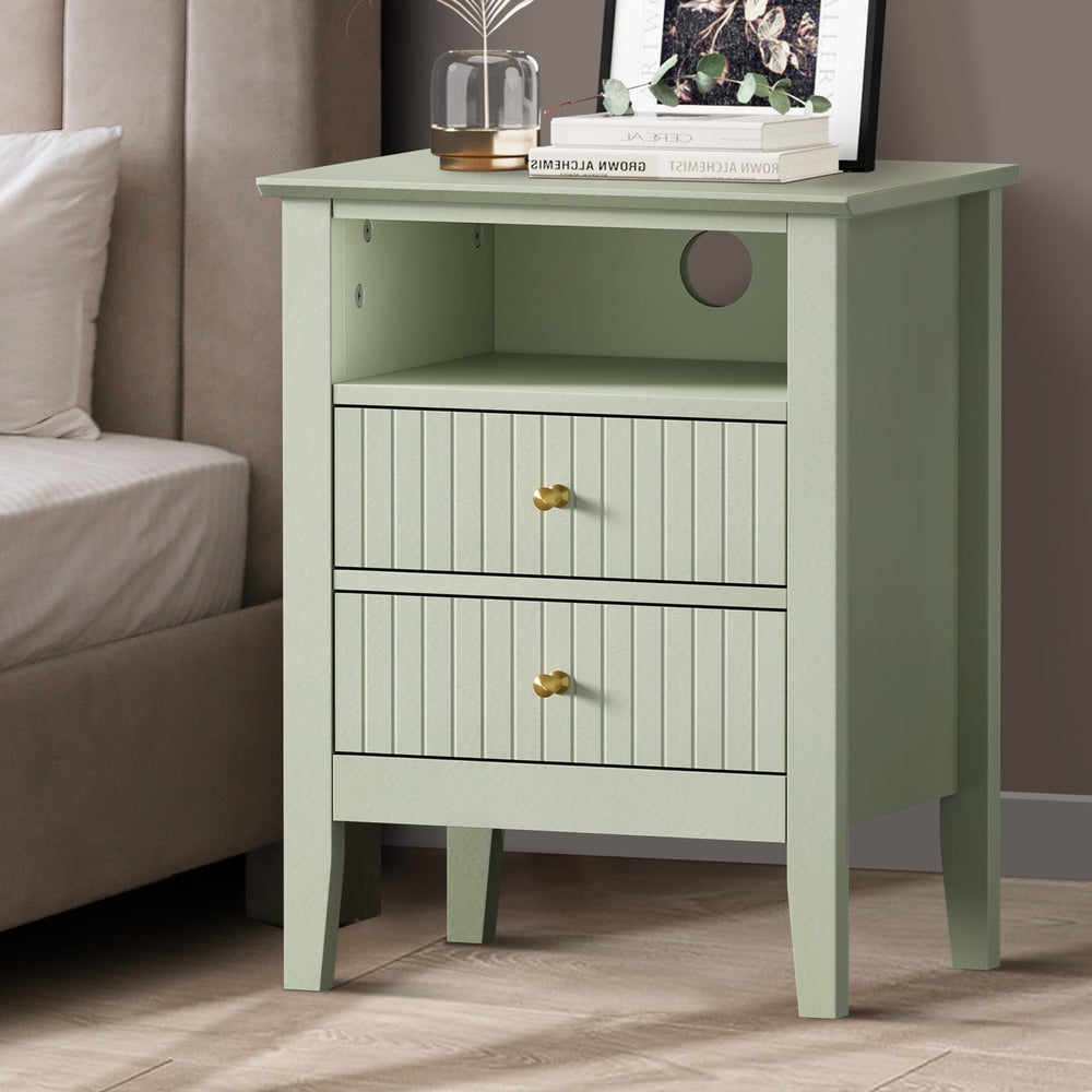 Green Bedside Table Nightstand with 2 Drawers and Storage Cabinet