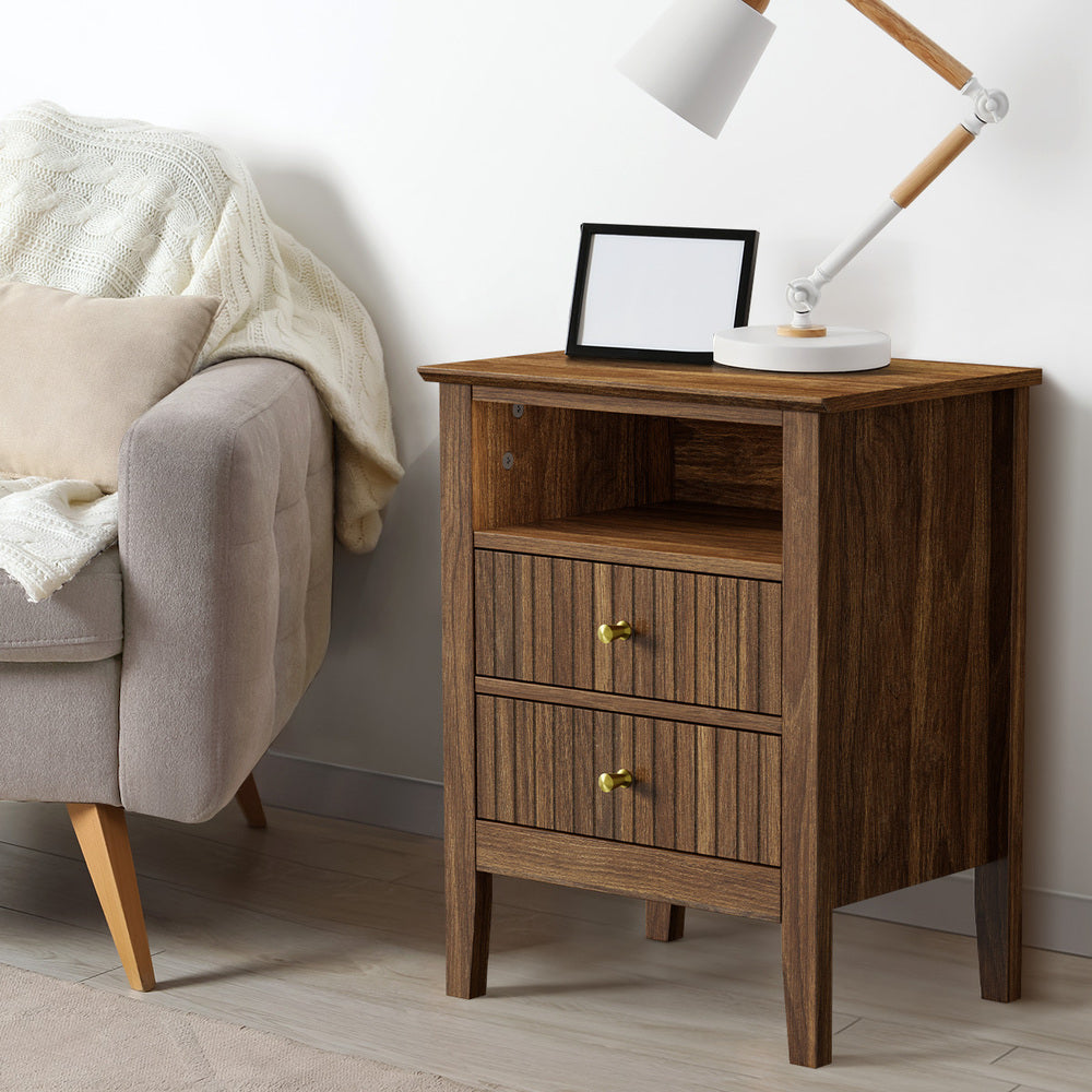 Walnut Bedside Table Nightstand with 2 Drawers and Storage Cabinet