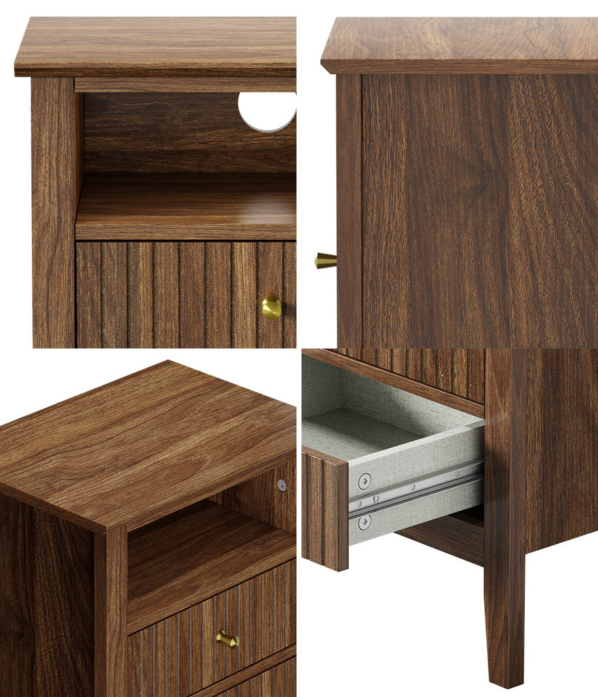 Walnut Bedside Table Nightstand with 2 Drawers and Storage Cabinet