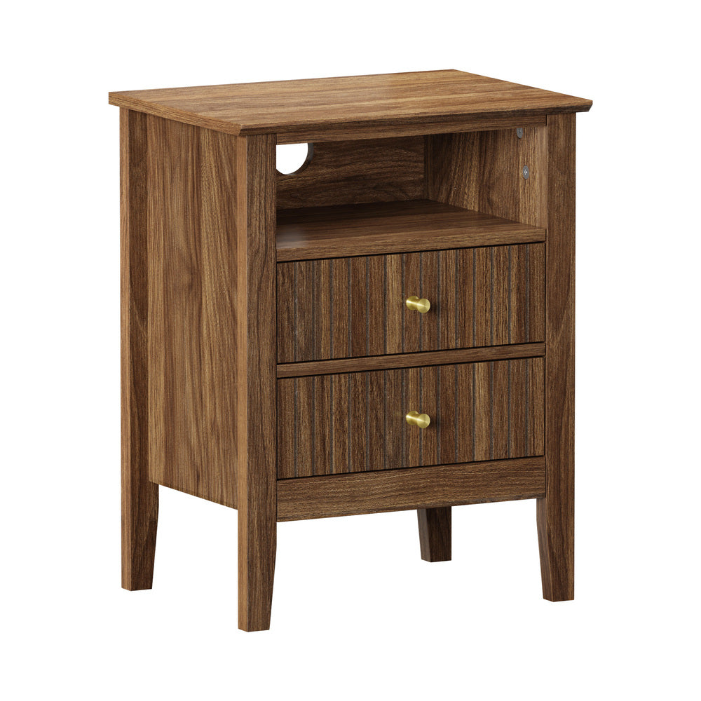 Walnut Bedside Table Nightstand with 2 Drawers and Storage Cabinet