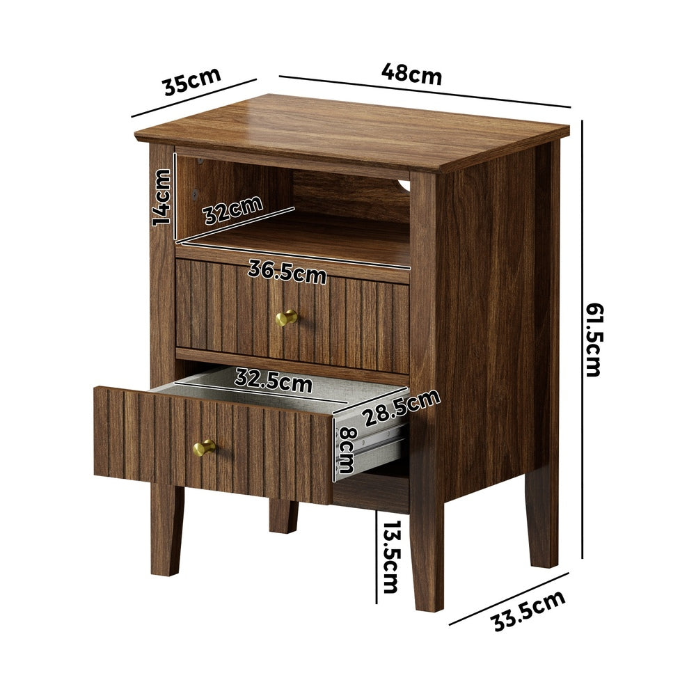 Walnut Bedside Table Nightstand with 2 Drawers and Storage Cabinet
