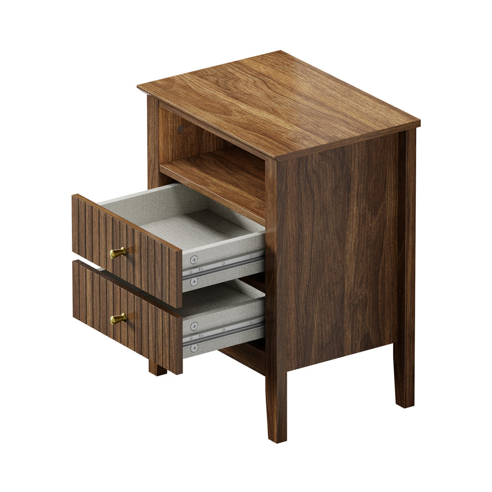 Walnut Bedside Table Nightstand with 2 Drawers and Storage Cabinet