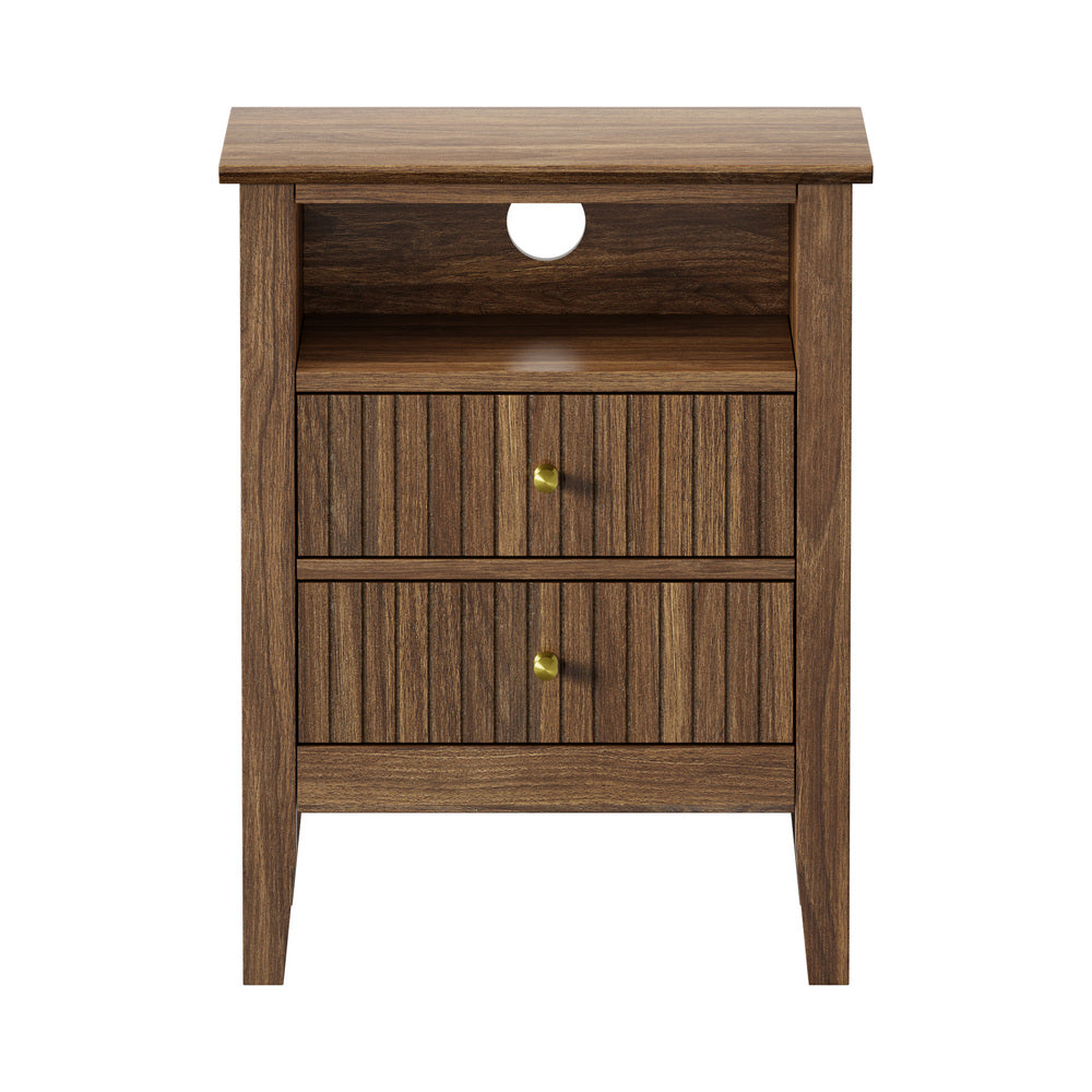 Walnut Bedside Table Nightstand with 2 Drawers and Storage Cabinet