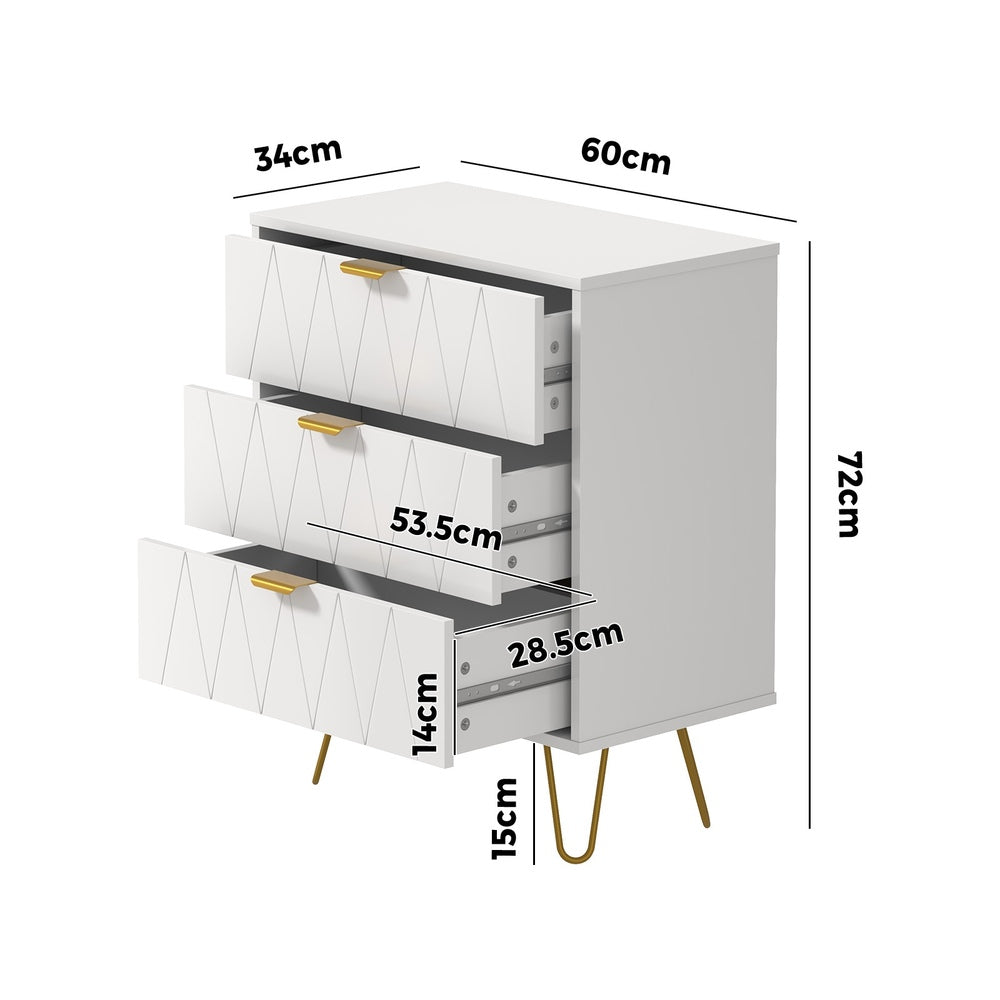 White Dresser Storage Cabinet with 3 Drawers and Gold Handles