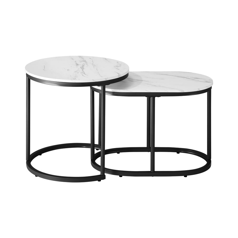 Set of 2 Black Marble Look Round and Oval Nesting Coffee Tables