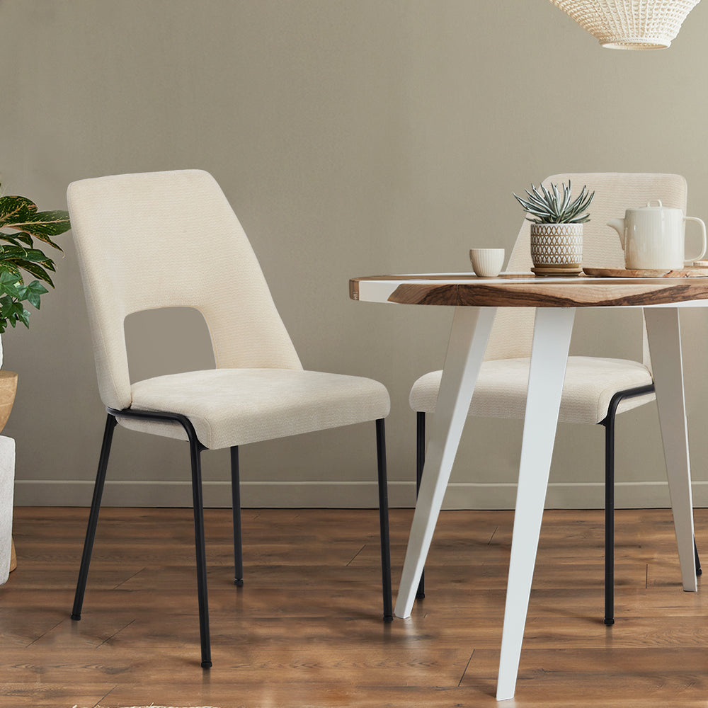 Set of 2 Beige Chenille Fabric Dining Chairs with Padded Seat
