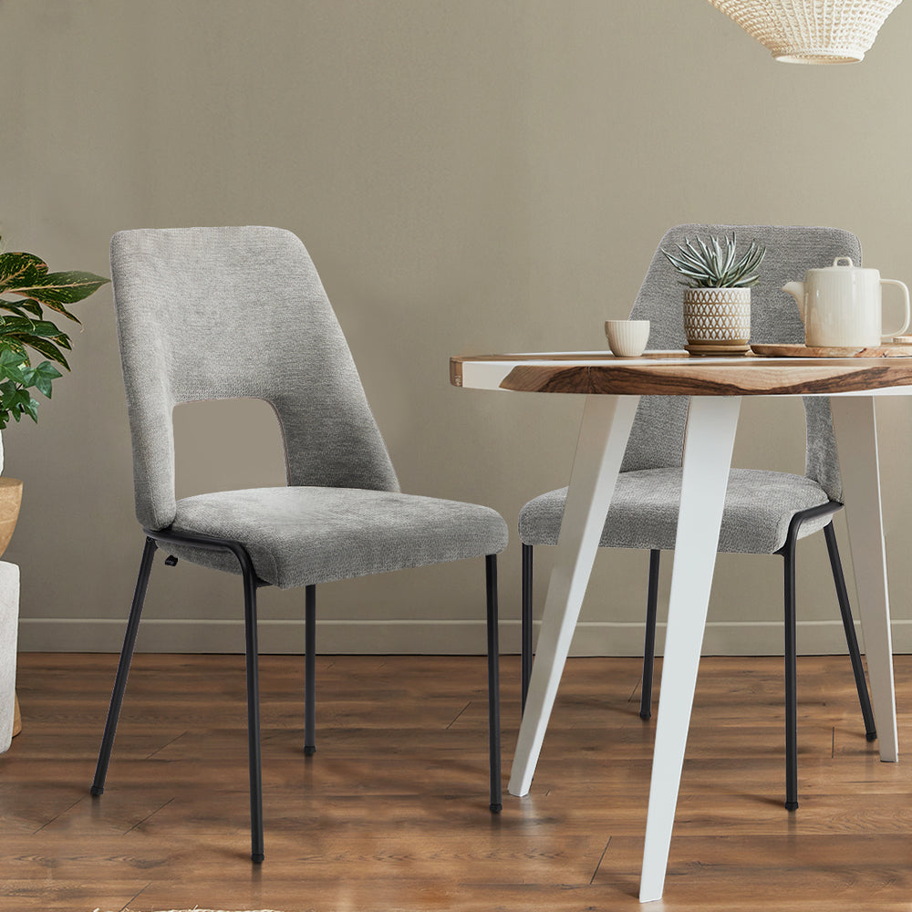Set of 2 Grey Chenille Fabric Dining Chairs with Padded Seat