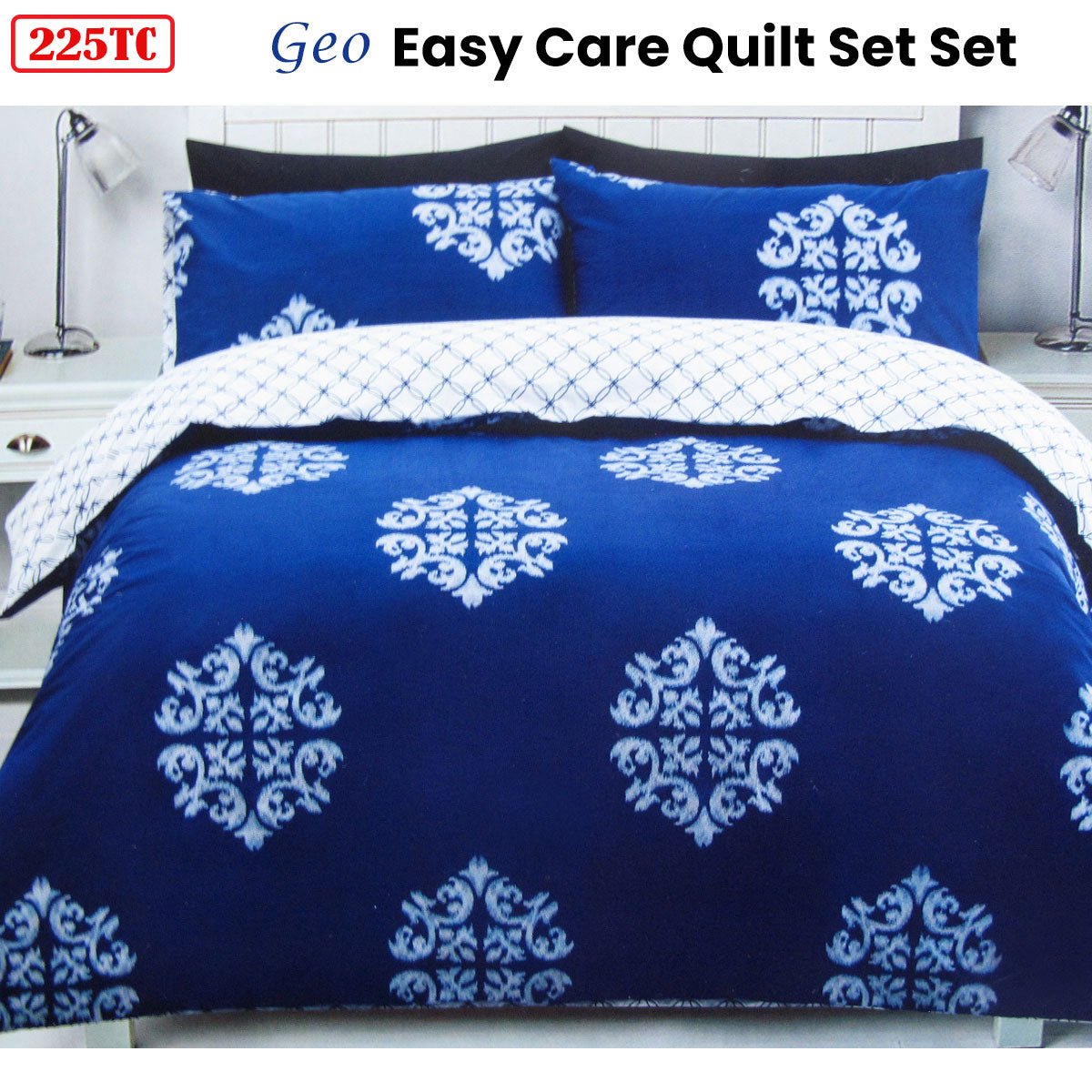 225TC Geo Damask Cotton Rich Easy Care Quilt Cover Set King - NuSea