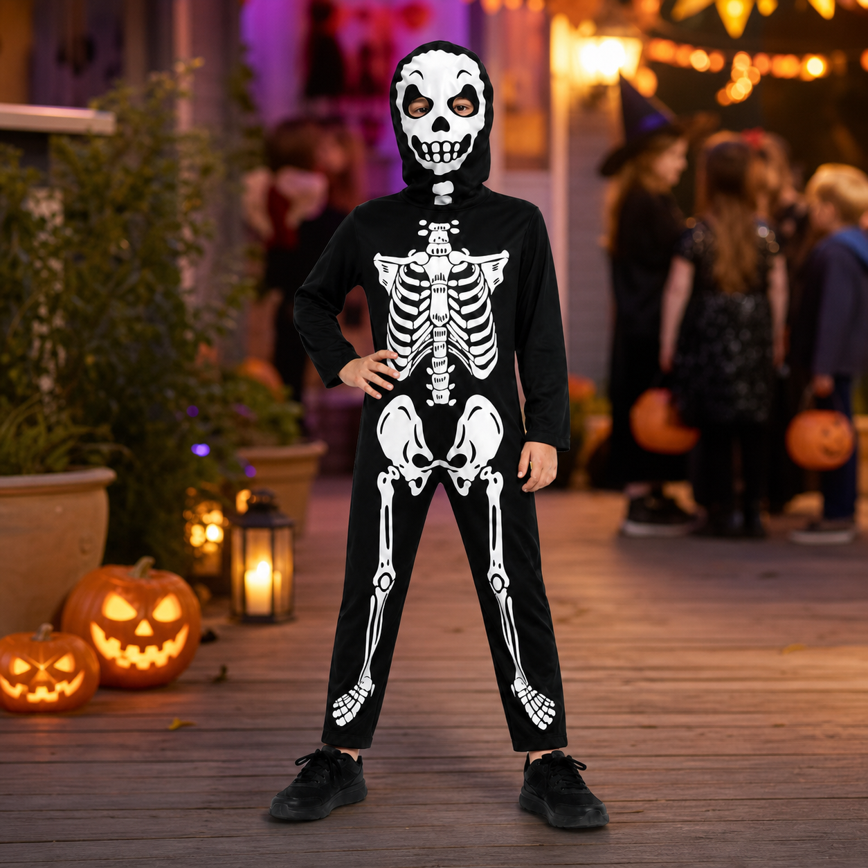 Kids’ Skeleton Costume – Printed Jumpsuit and Skull Hood