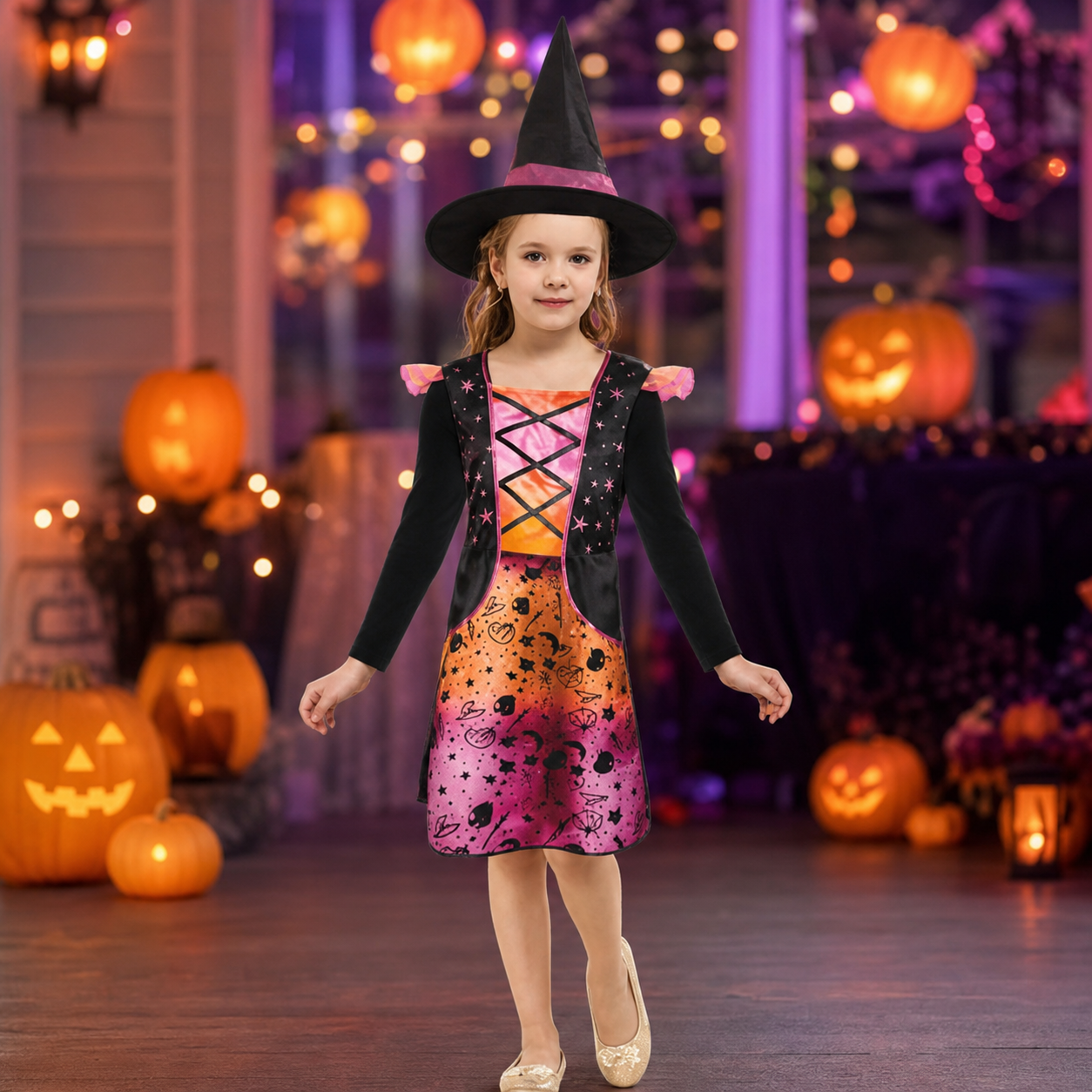 Kids’ Pink Witch Costume – Hat and Halloween Dress Set