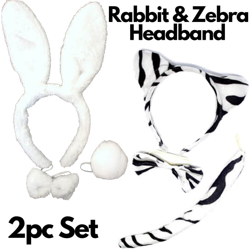 2pc Set Animal Headband w Bow Tail Rabbit + Zebra Ears Costume Halloween Party - NuSea