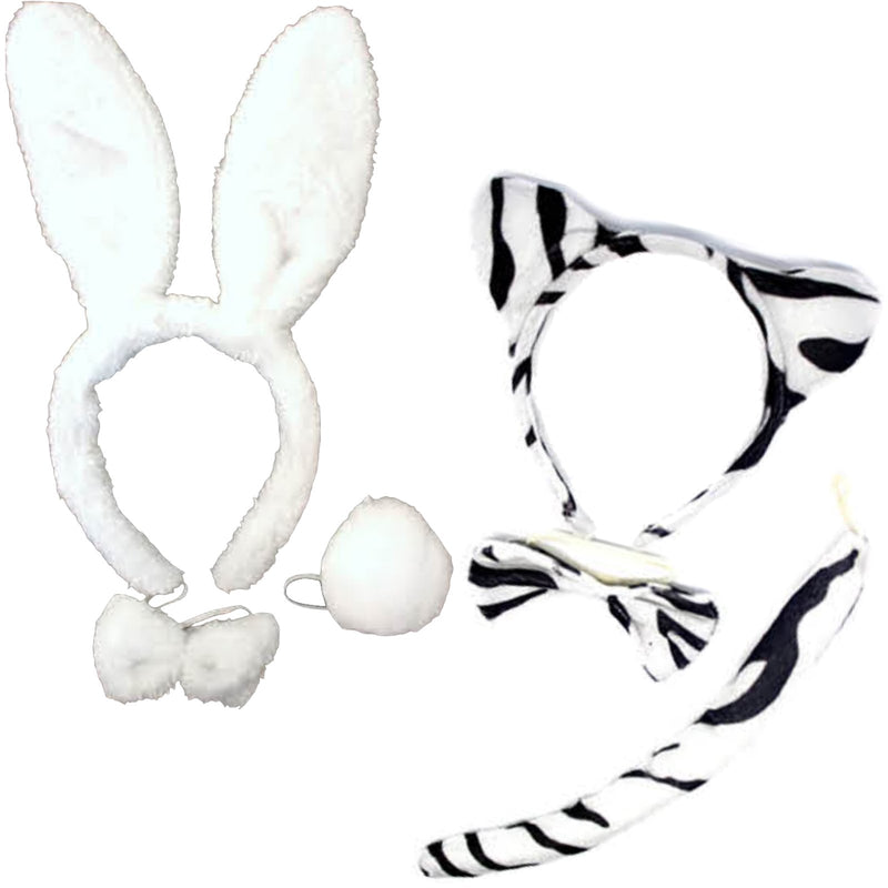 2pc Set Animal Headband w Bow Tail Rabbit + Zebra Ears Costume Halloween Party - NuSea