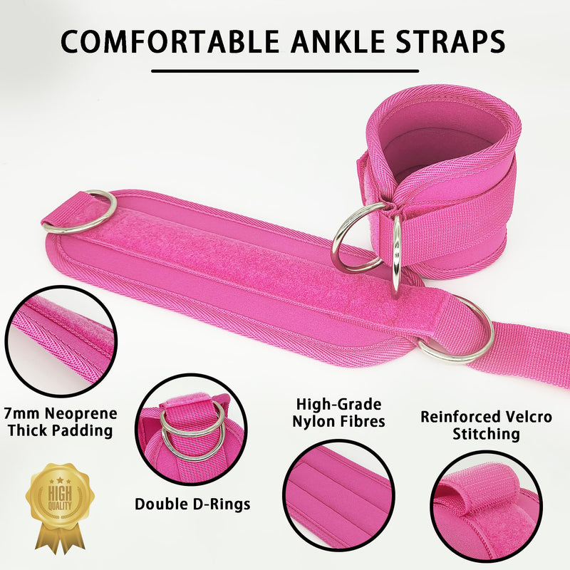 2x Adjustable Ankle Straps for Cable Machines D - Rings Gym Cuff Kickbacks Glute Workouts Leg Extensions Straps Hip Pink - NuSea