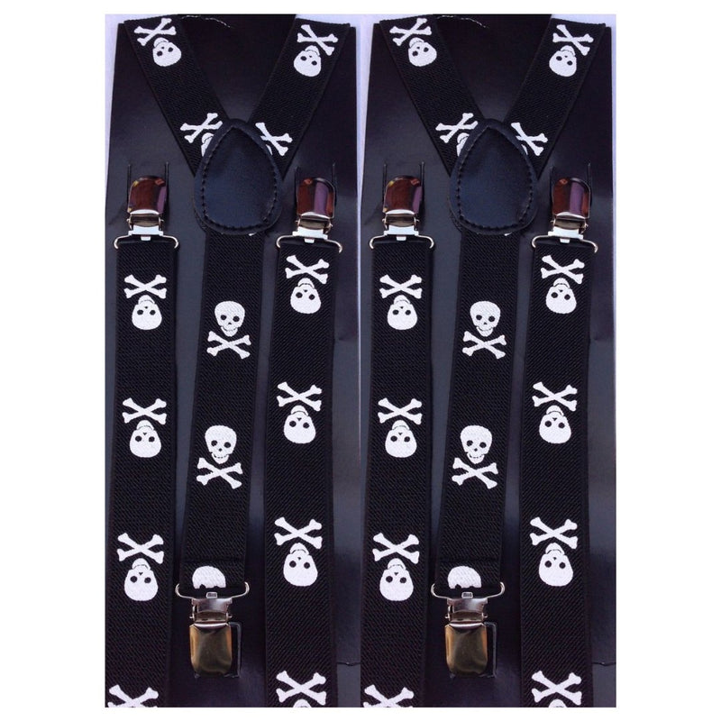 2x Mens Suspenders Braces Adjustable Strong Clip On Elastic Formal Wedding Slim - Black with White Skulls - NuSea