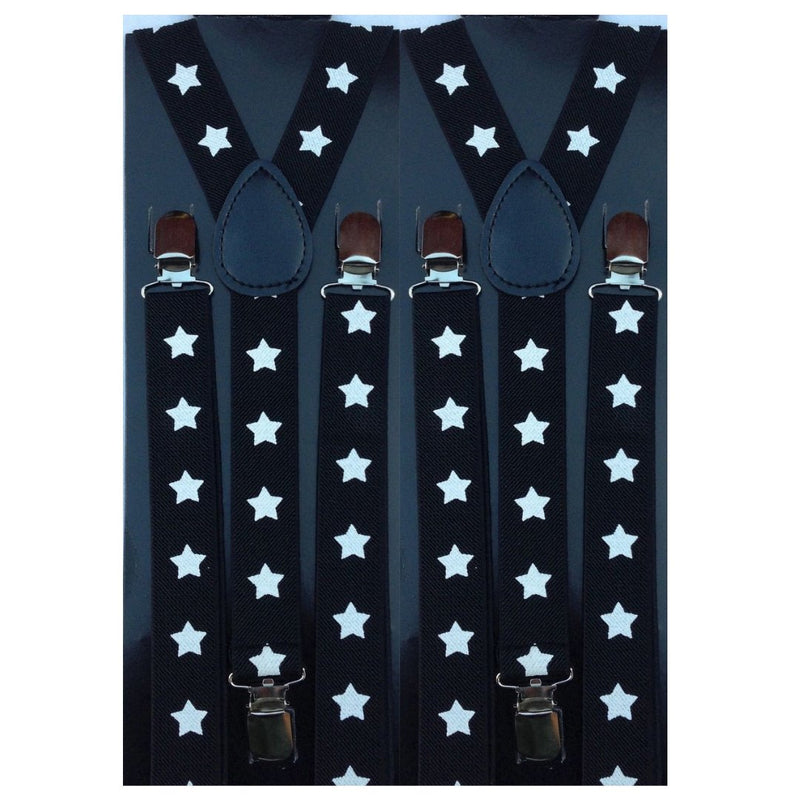 2x Mens Suspenders Braces Adjustable Strong Clip On Elastic Formal Wedding Slim - Black with White Stars - NuSea