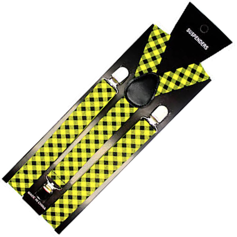 2x Mens Suspenders Braces Adjustable Strong Clip On Elastic Formal Wedding Slim - Black/Yellow Check - NuSea