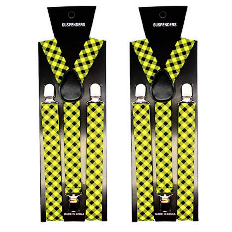 2x Mens Suspenders Braces Adjustable Strong Clip On Elastic Formal Wedding Slim - Black/Yellow Check - NuSea