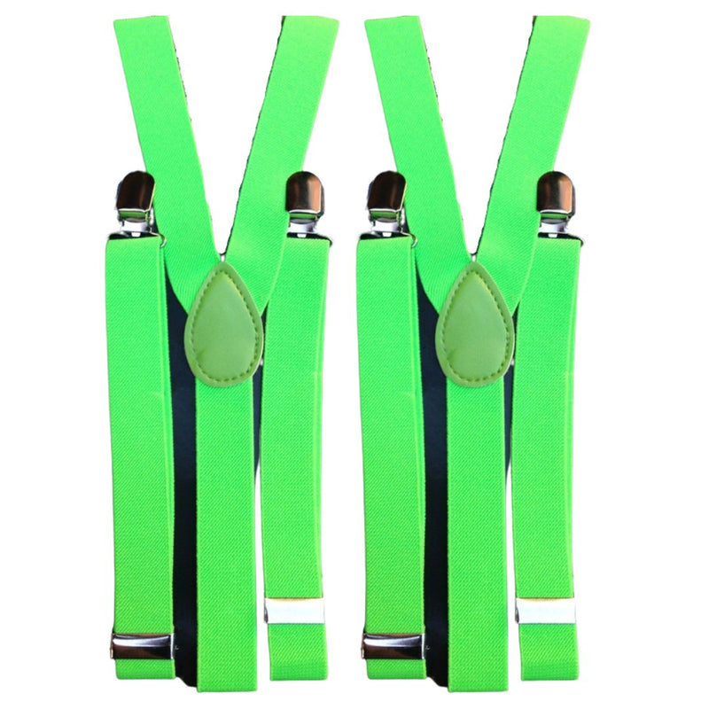 2x Mens Suspenders Braces Adjustable Strong Clip On Elastic Formal Wedding Slim - Fluro Green - NuSea