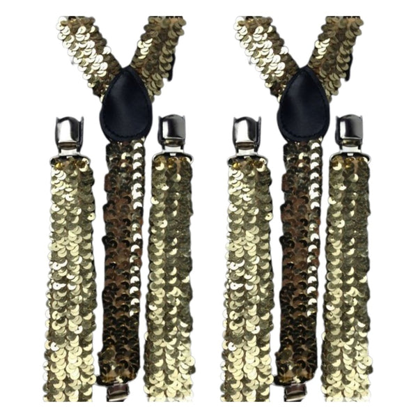 2x Mens Suspenders Braces Adjustable Strong Clip On Elastic Formal Wedding Slim - Gold (Sequin) - NuSea