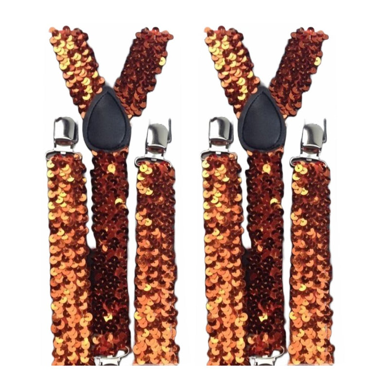 2x Mens Suspenders Braces Adjustable Strong Clip On Elastic Formal Wedding Slim - Orange (Sequin) - NuSea