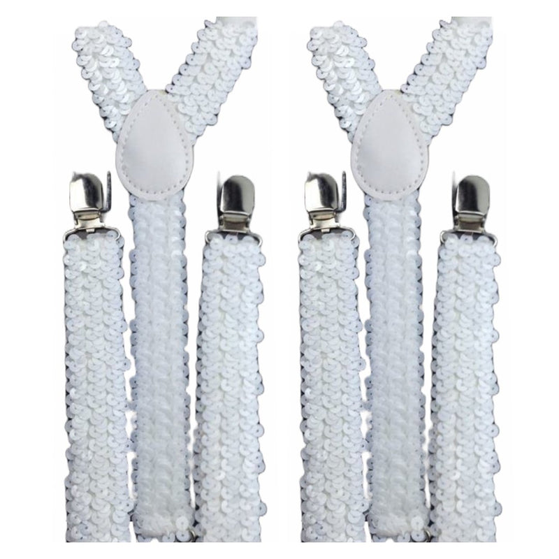 2x Mens Suspenders Braces Adjustable Strong Clip On Elastic Formal Wedding Slim - White (Sequin) - NuSea