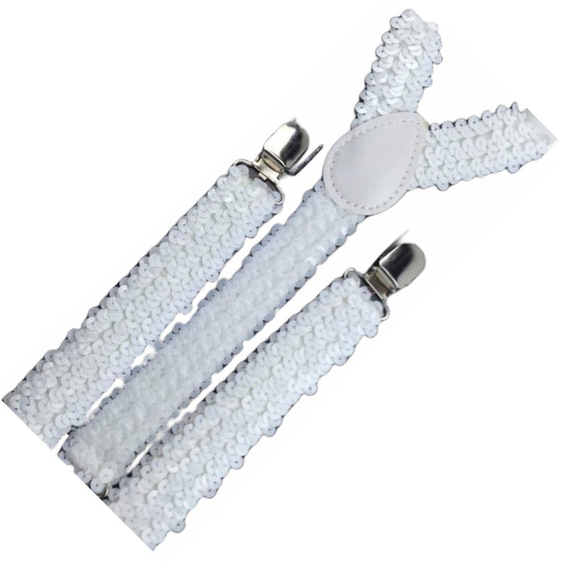 2x Mens Suspenders Braces Adjustable Strong Clip On Elastic Formal Wedding Slim - White (Sequin) - NuSea