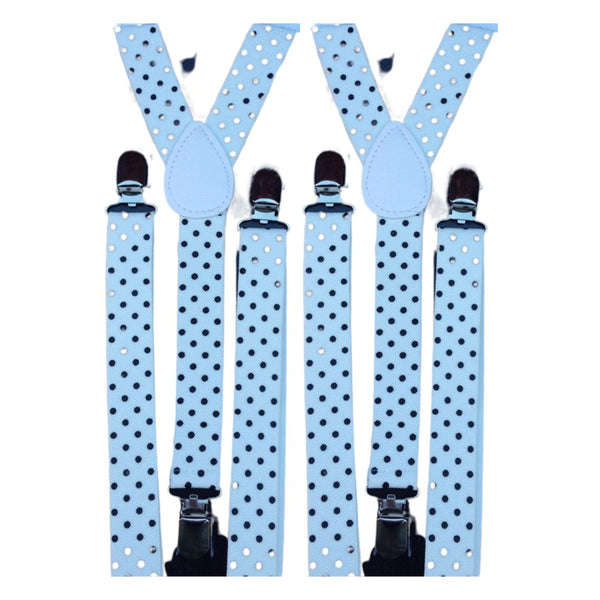 2x Mens Suspenders Braces Adjustable Strong Clip On Elastic Formal Wedding Slim - White with Black Polka Dot - NuSea