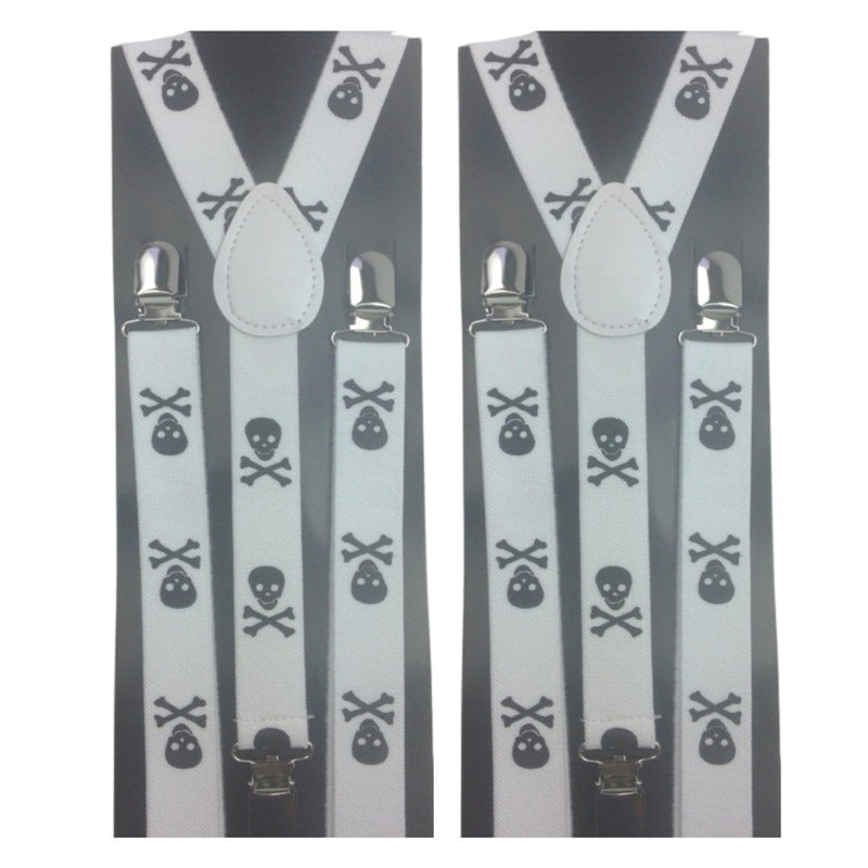 2x Mens Suspenders Braces Adjustable Strong Clip On Elastic Formal Wedding Slim - White with Black Skulls - NuSea