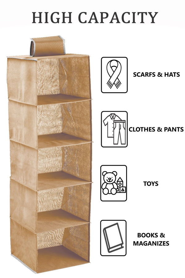 3 Pack 5 - Tier Shelf Hanging Closet Organizer and Storage for Clothes (Beige) - NuSea