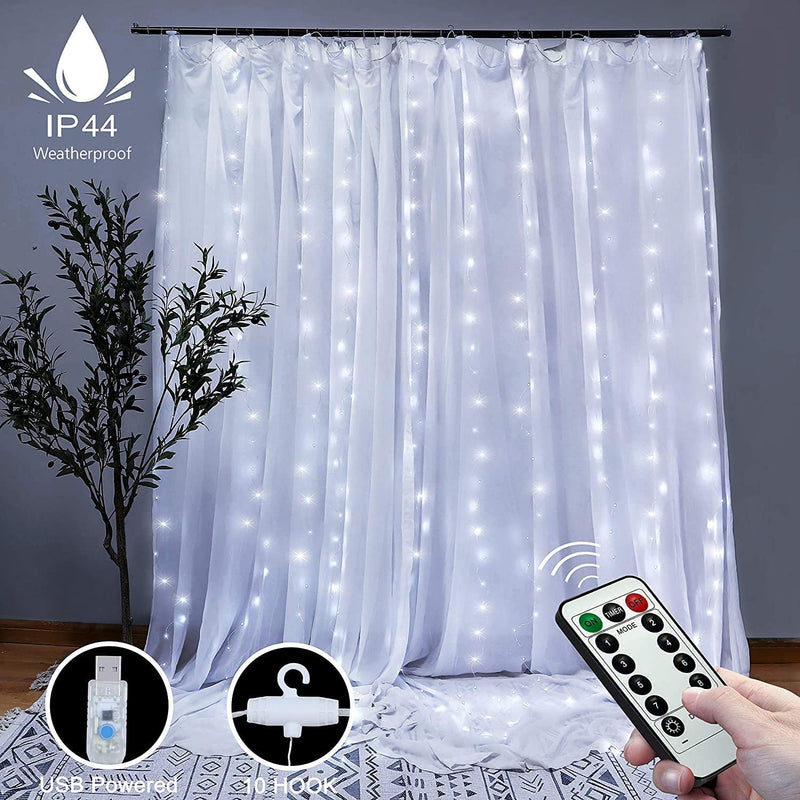 300 LEDs Window Curtain Fairy Lights 8 Modes and Remote Control for Bedroom (Cool White, 300 x 300cm) - NuSea