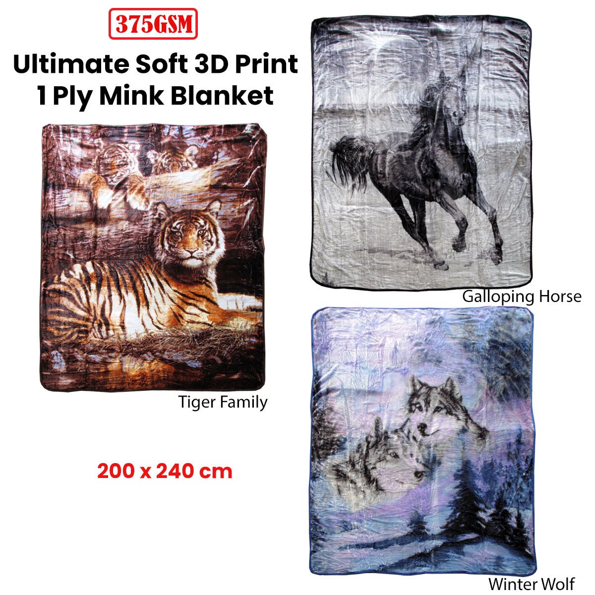 375gsm 1 Ply 3D Print Faux Mink Blanket Queen 200x240 cm Galloping Horse - NuSea