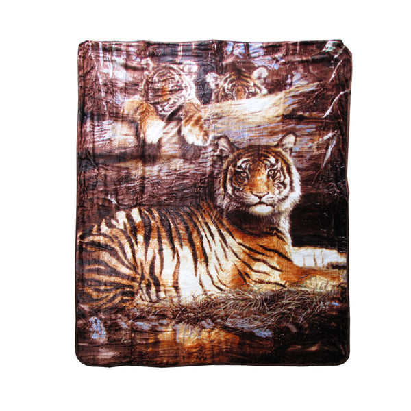 375gsm 1 Ply 3D Print Faux Mink Blanket Queen 200x240 cm Tiger Family - NuSea