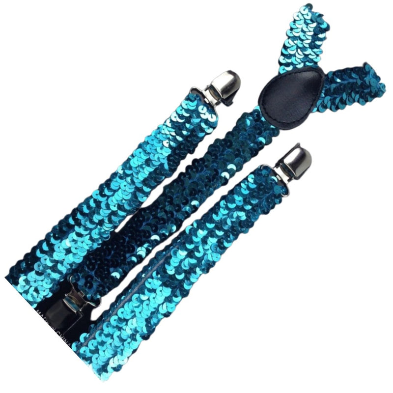 3x Mens Suspenders Braces Adjustable Strong Clip On Elastic Formal Wedding Slim - Blue (Sequin) - NuSea