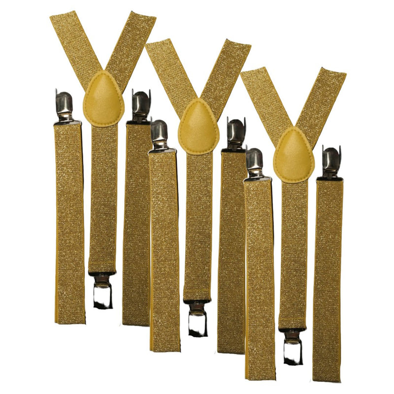 3x Mens Suspenders Braces Adjustable Strong Clip On Elastic Formal Wedding Slim - Gold (Glitter) - NuSea