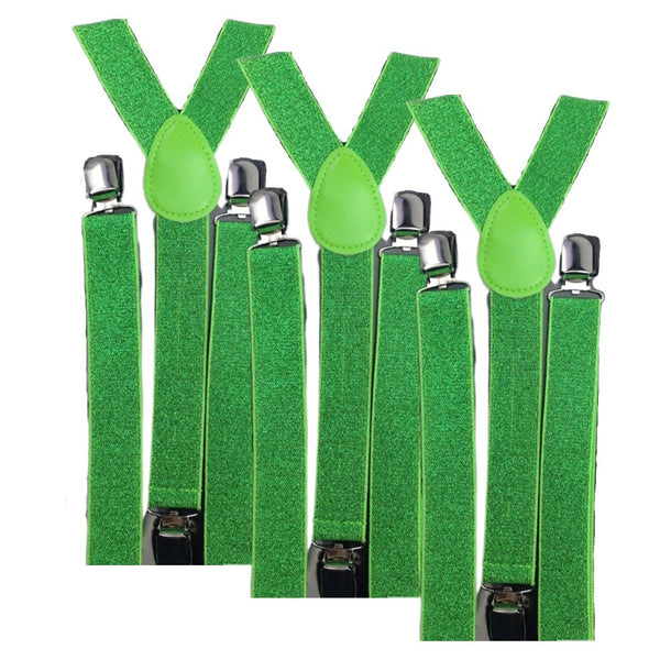 3x Mens Suspenders Braces Adjustable Strong Clip On Elastic Formal Wedding Slim - Green (Glitter) - NuSea