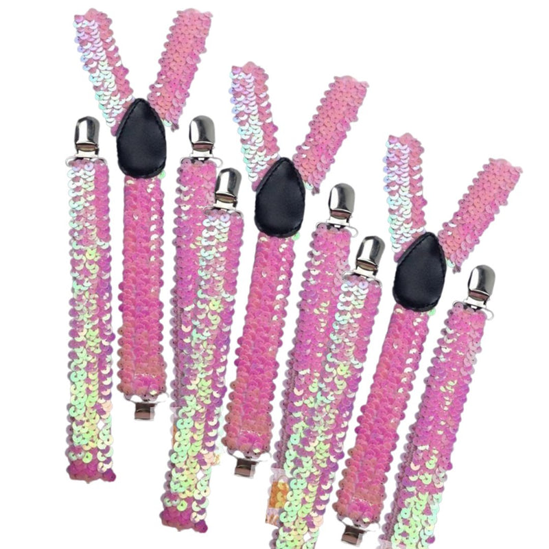 3x Mens Suspenders Braces Adjustable Strong Clip On Elastic Formal Wedding Slim - Light Pink (Sequin) - NuSea