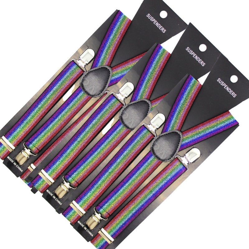 3x Mens Suspenders Braces Adjustable Strong Clip On Elastic Formal Wedding Slim - Rainbow (Glitter) - NuSea