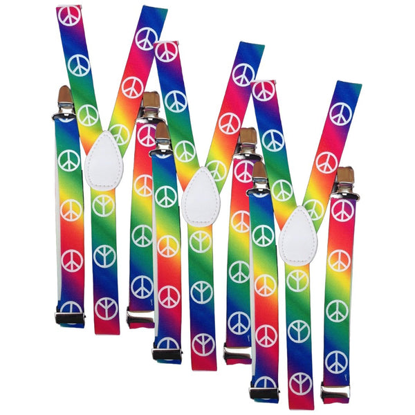 3x Mens Suspenders Braces Adjustable Strong Clip On Elastic Formal Wedding Slim - Rainbow with Peace Symbol - NuSea