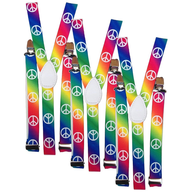 3x Mens Suspenders Braces Adjustable Strong Clip On Elastic Formal Wedding Slim - Rainbow with Peace Symbol - NuSea