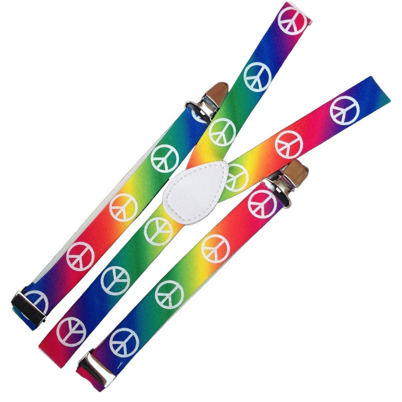 3x Mens Suspenders Braces Adjustable Strong Clip On Elastic Formal Wedding Slim - Rainbow with Peace Symbol - NuSea