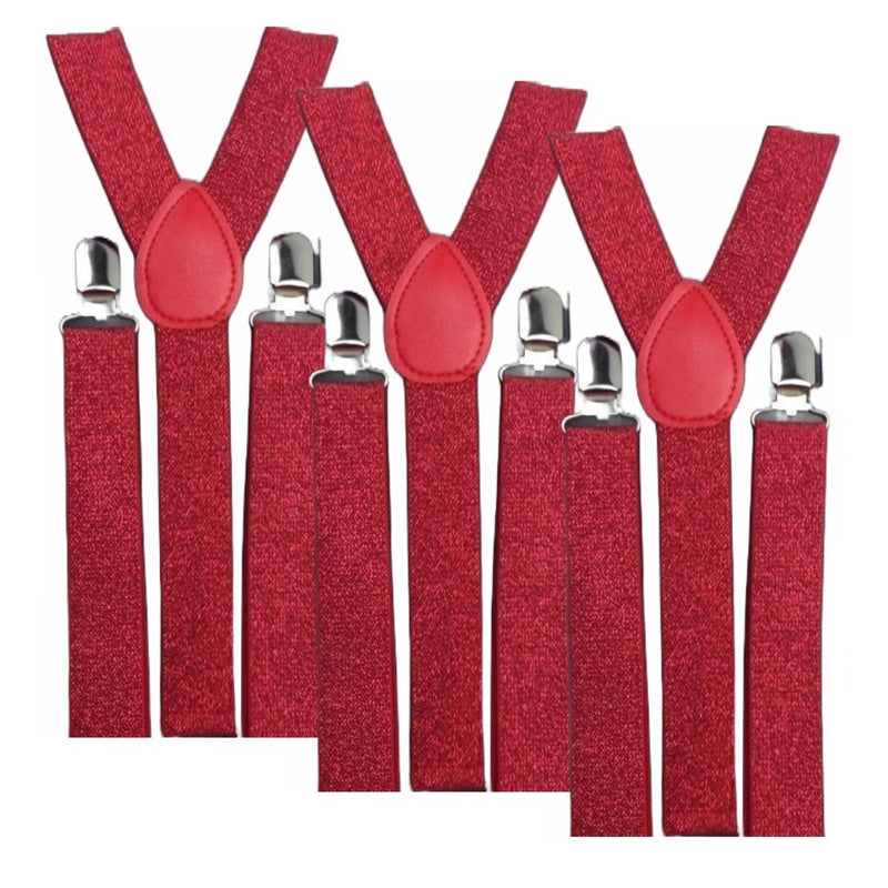 3x Mens Suspenders Braces Adjustable Strong Clip On Elastic Formal Wedding Slim - Red (Glitter) - NuSea