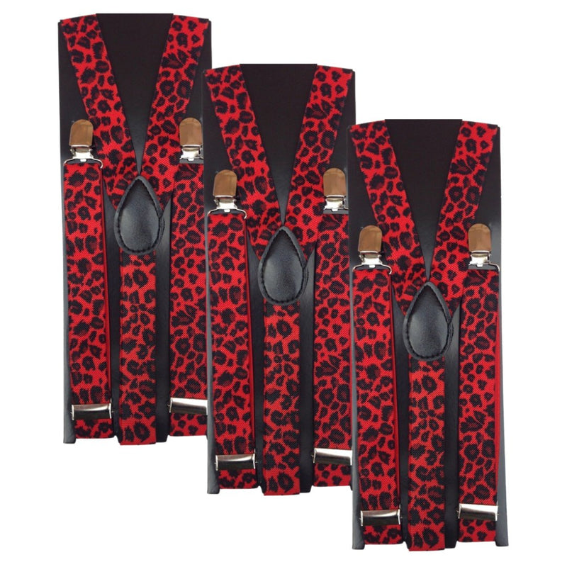 3x Mens Suspenders Braces Adjustable Strong Clip On Elastic Formal Wedding Slim - Red Leopard - NuSea