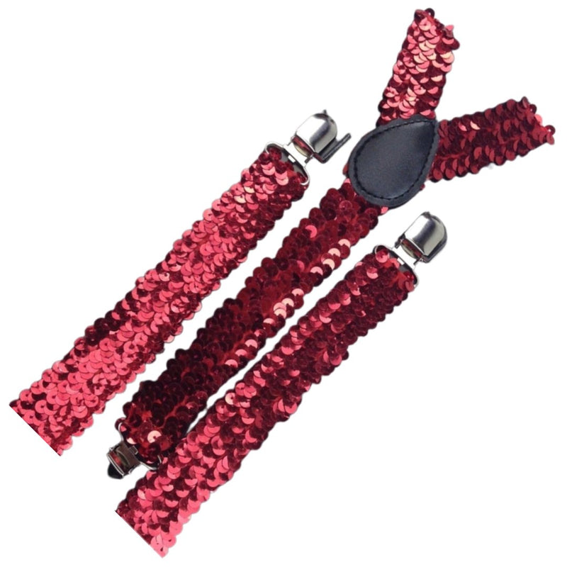 3x Mens Suspenders Braces Adjustable Strong Clip On Elastic Formal Wedding Slim - Red (Sequin) - NuSea