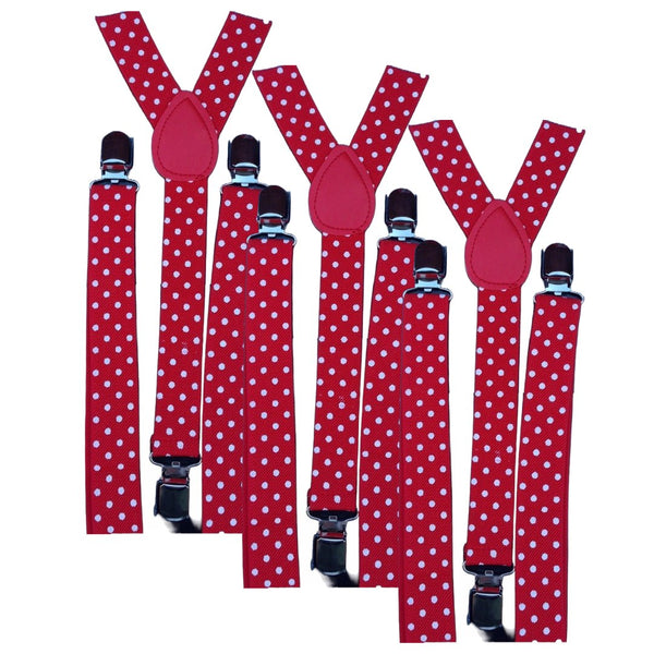 3x Mens Suspenders Braces Adjustable Strong Clip On Elastic Formal Wedding Slim - Red with White Polka Dot - NuSea