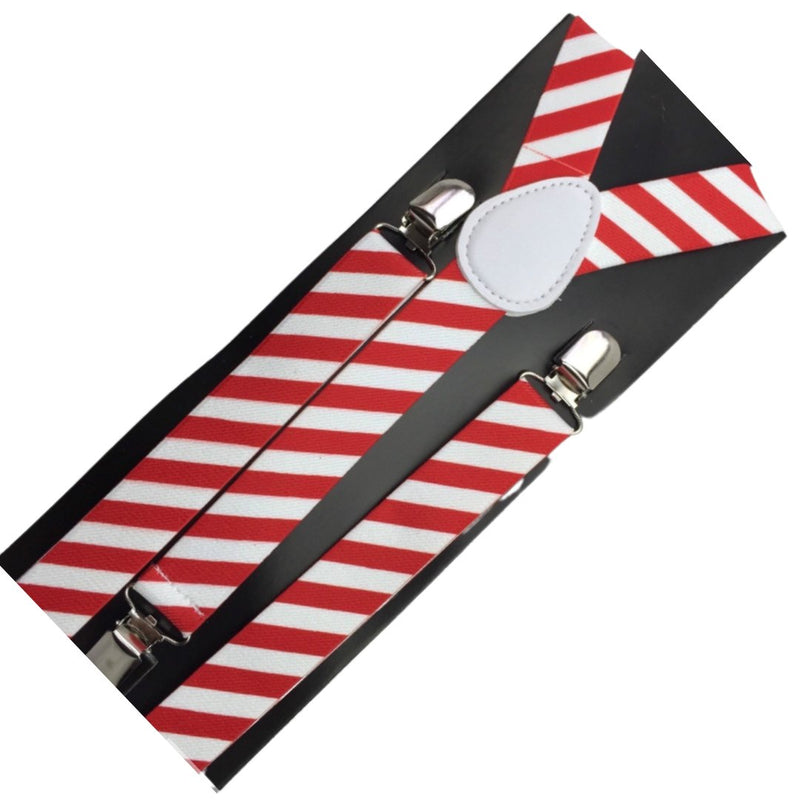 3x Mens Suspenders Braces Adjustable Strong Clip On Elastic Formal Wedding Slim - Red/White Diagonal Stripes - NuSea