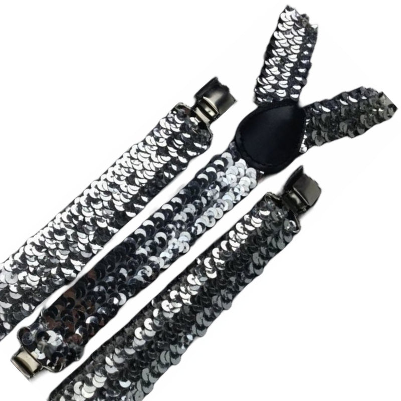 3x Mens Suspenders Braces Adjustable Strong Clip On Elastic Formal Wedding Slim - Silver (Sequin) - NuSea