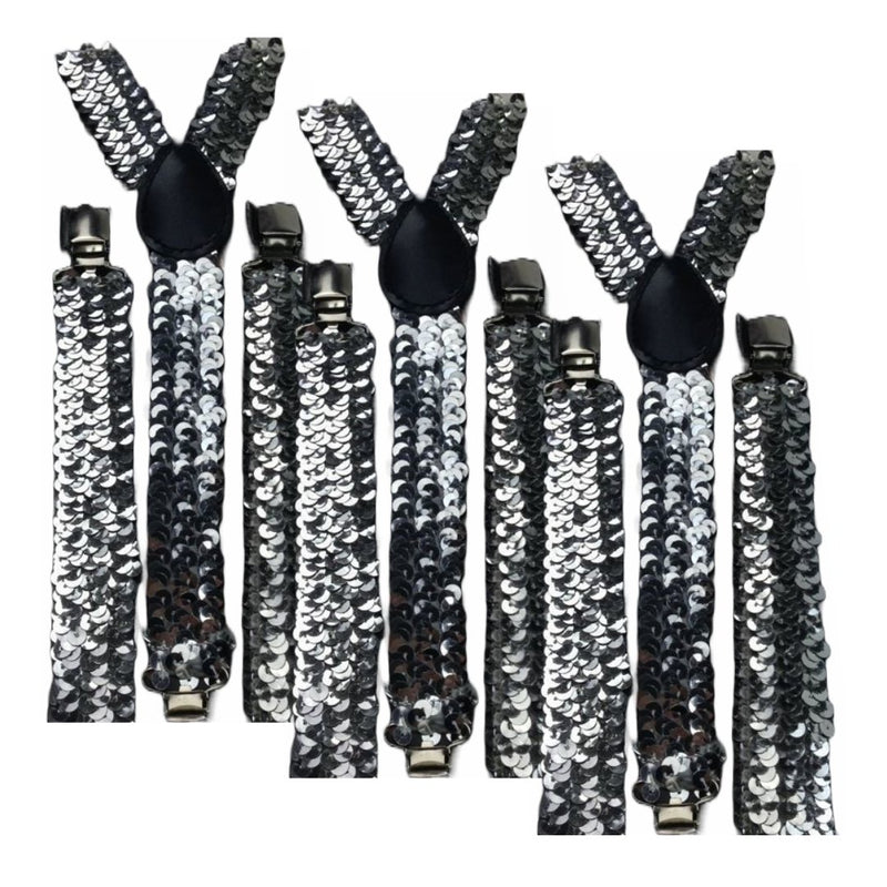 3x Mens Suspenders Braces Adjustable Strong Clip On Elastic Formal Wedding Slim - Silver (Sequin) - NuSea