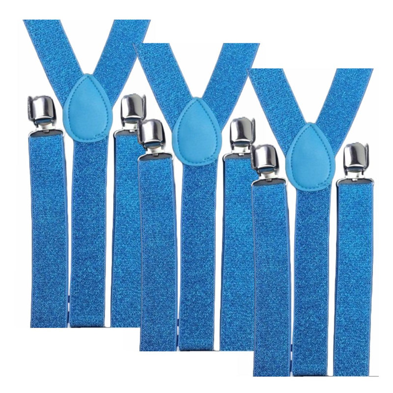 3x Mens Suspenders Braces Adjustable Strong Clip On Elastic Formal Wedding Slim - Sky Blue (Glitter) - NuSea