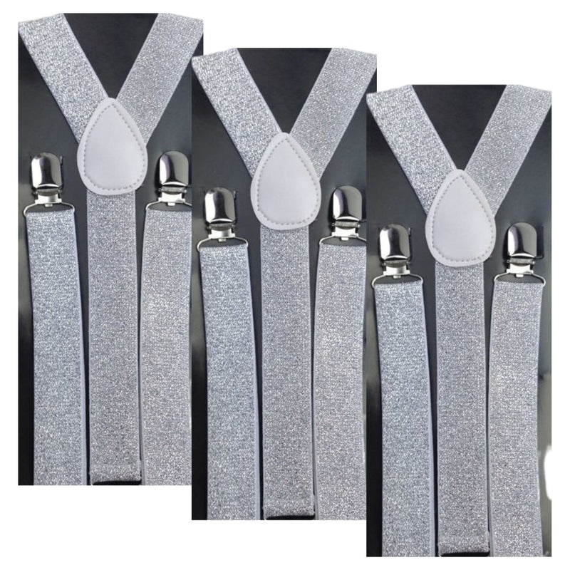 3x Mens Suspenders Braces Adjustable Strong Clip On Elastic Formal Wedding Slim - White (Glitter) - NuSea